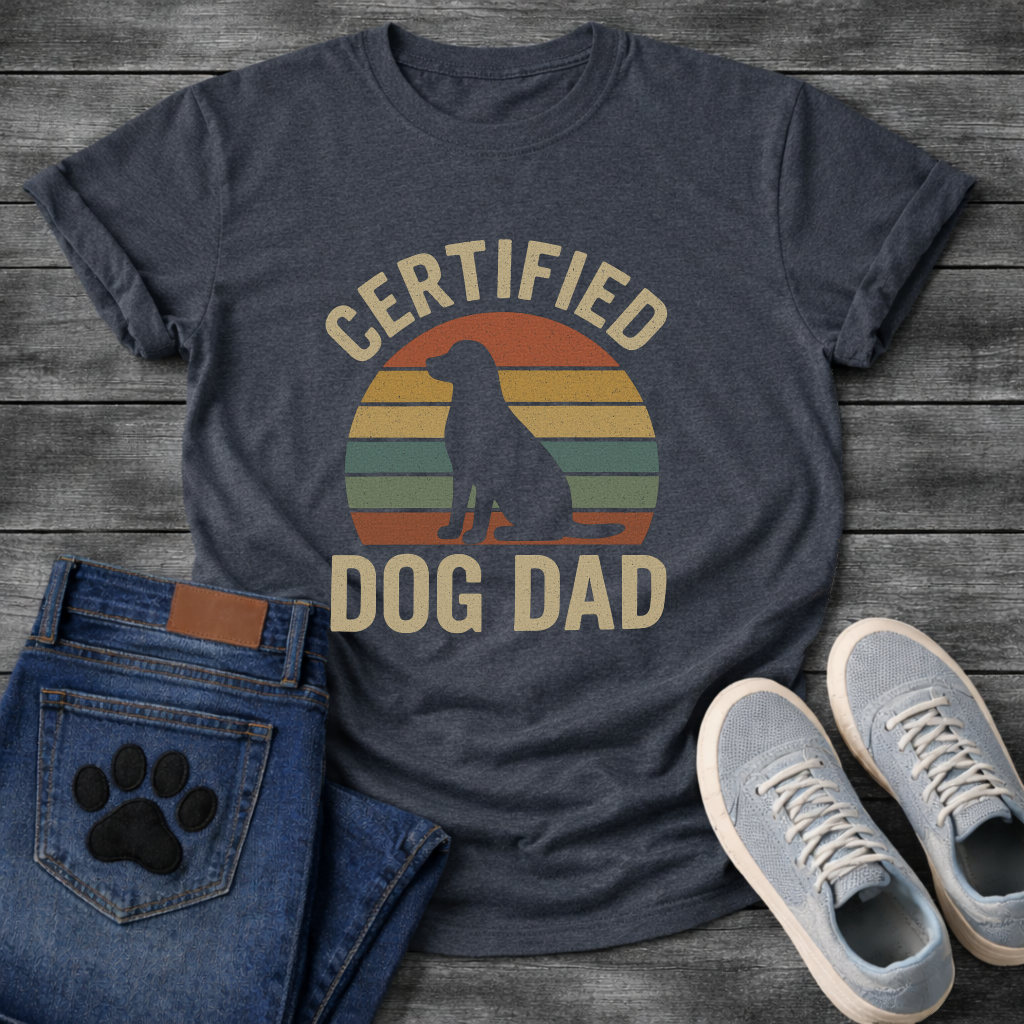 Certified dog dad shirt with retro sunset design for proud dog fathers