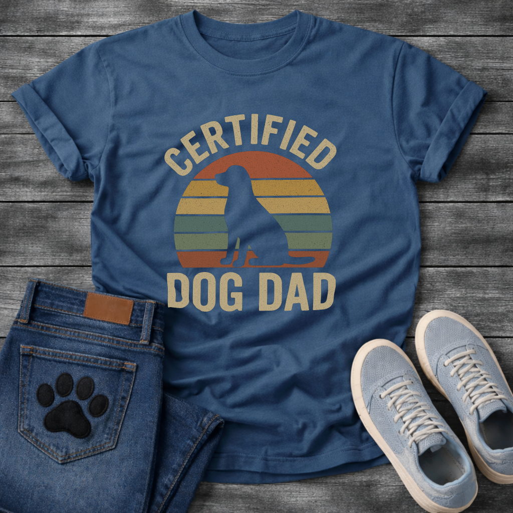Certified dog dad shirt with retro sunset design for proud dog fathers