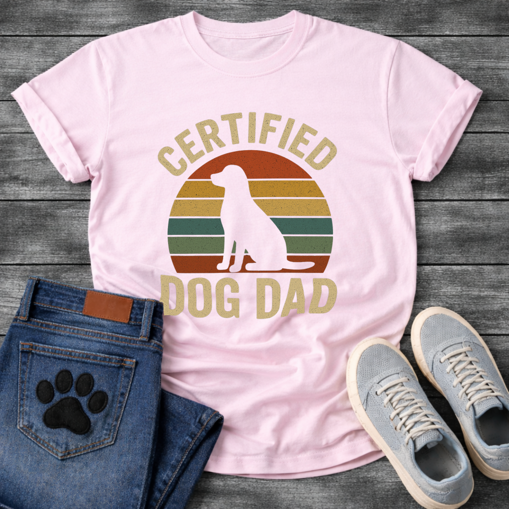 Certified dog dad shirt with retro sunset design for proud dog fathers