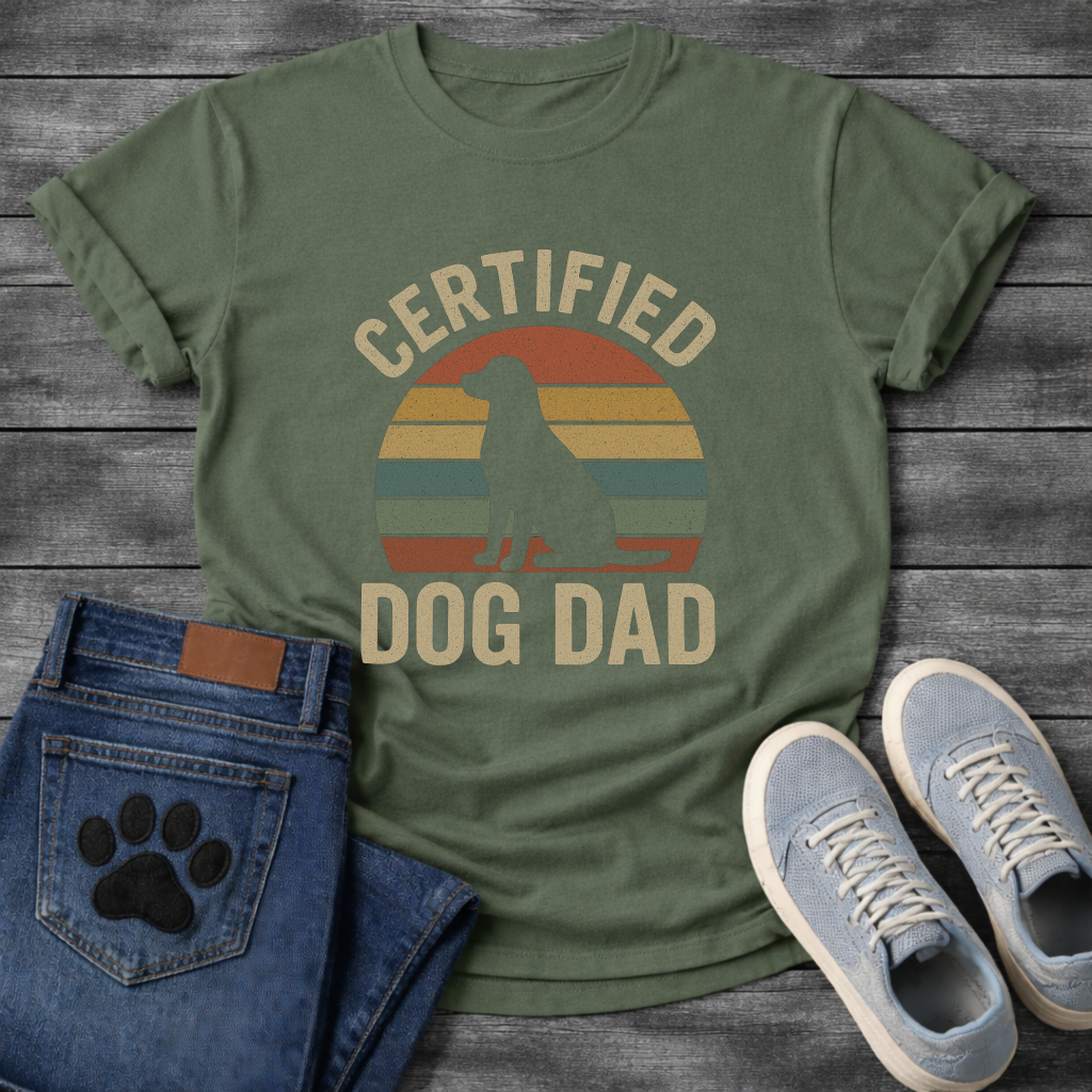 Certified dog dad shirt with retro sunset design for proud dog fathers