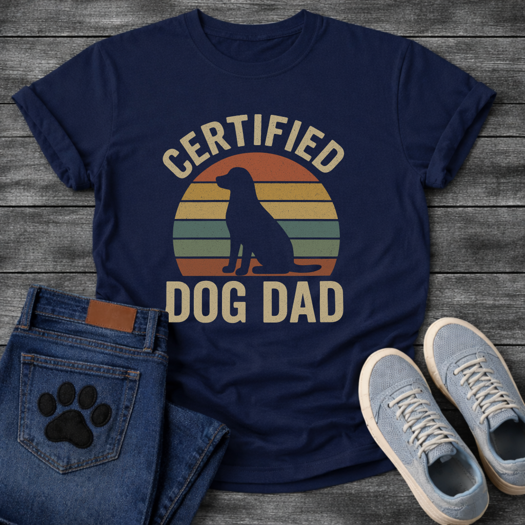 Certified dog dad shirt with retro sunset design for proud dog fathers