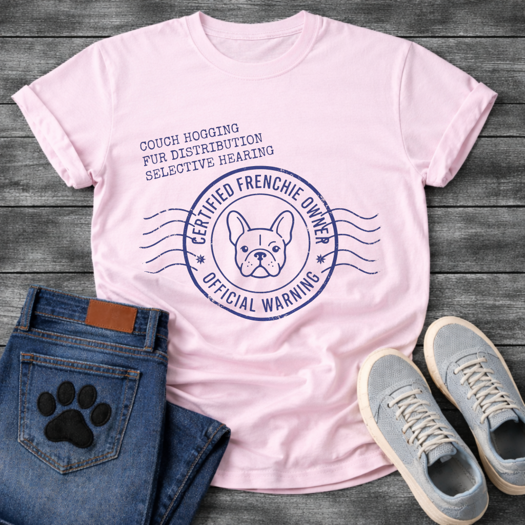Certified Frenchie Owner Official Warning postal stamp graphic tee with couch hogging fur distribution selective hearing text