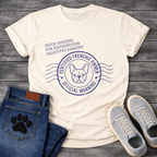 Certified Frenchie Owner Official Warning postal stamp graphic tee with couch hogging fur distribution selective hearing text