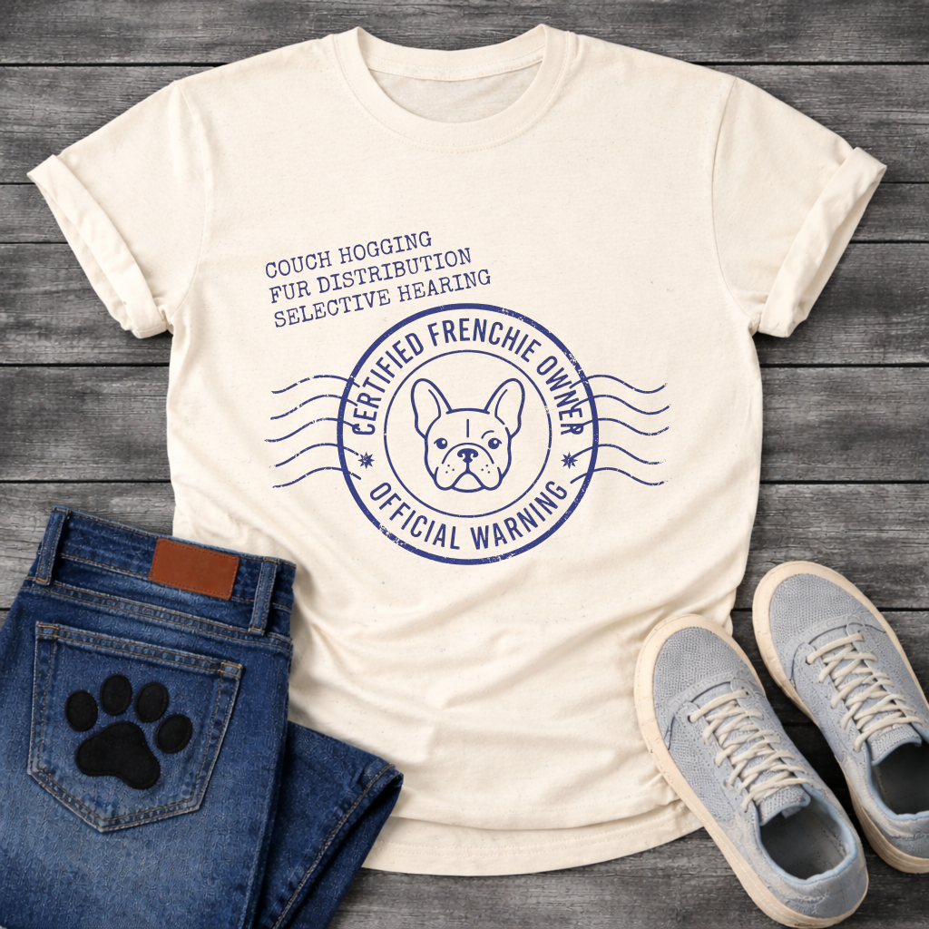 Certified Frenchie Owner Official Warning postal stamp graphic tee with couch hogging fur distribution selective hearing text