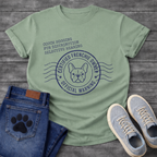Certified Frenchie Owner Official Warning postal stamp graphic tee with couch hogging fur distribution selective hearing text
