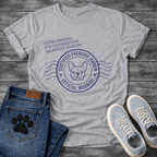 Certified Frenchie Owner Official Warning postal stamp graphic tee with couch hogging fur distribution selective hearing text