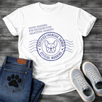 Certified Frenchie Owner Official Warning postal stamp graphic tee with couch hogging fur distribution selective hearing text