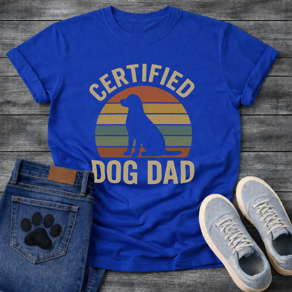 Certified dog dad shirt with retro sunset design for proud dog fathers