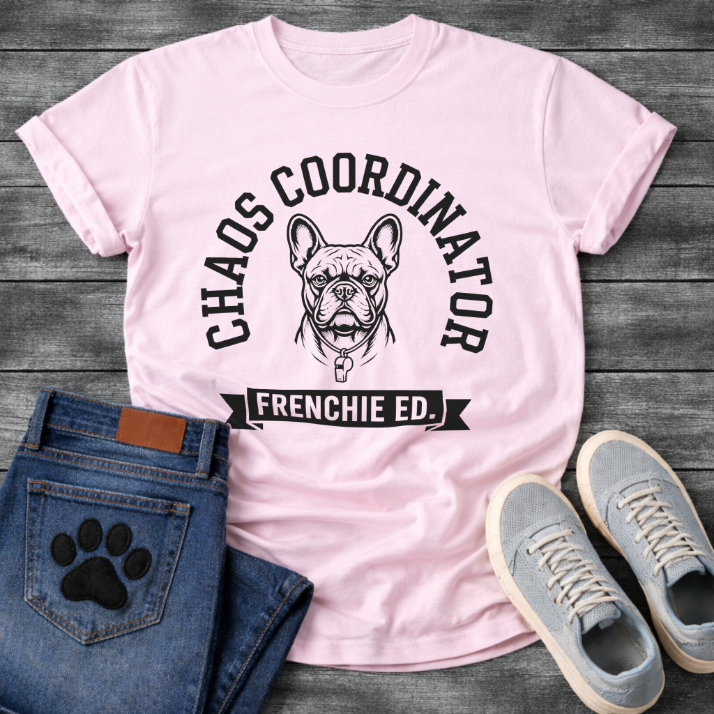 Chaos Coordinator Frenchie Edition French Bulldog graphic t-shirt black text on sand