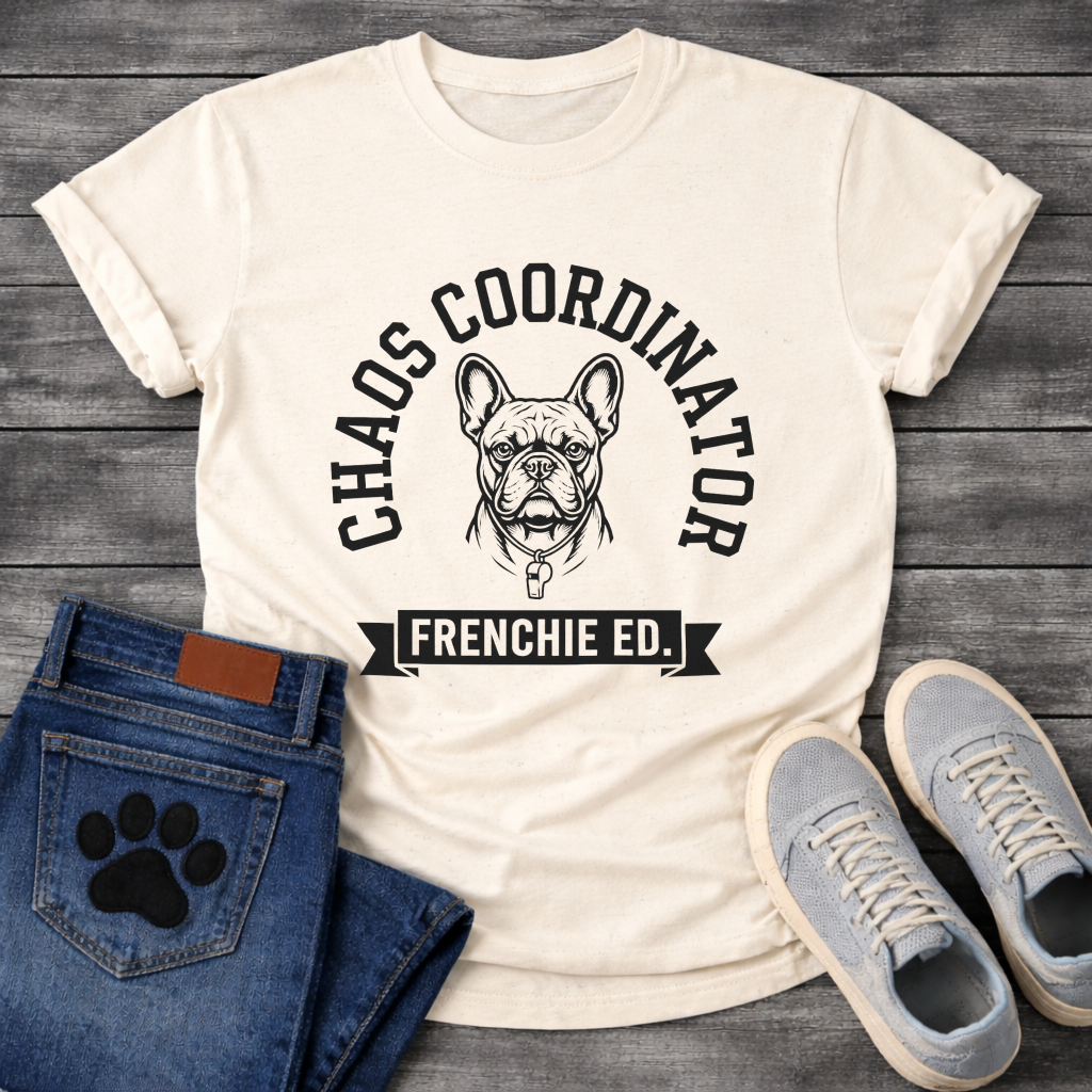 Chaos Coordinator Frenchie Edition French Bulldog graphic t-shirt black text on sand