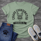 Chaos Coordinator Frenchie Edition French Bulldog graphic t-shirt black text on sand