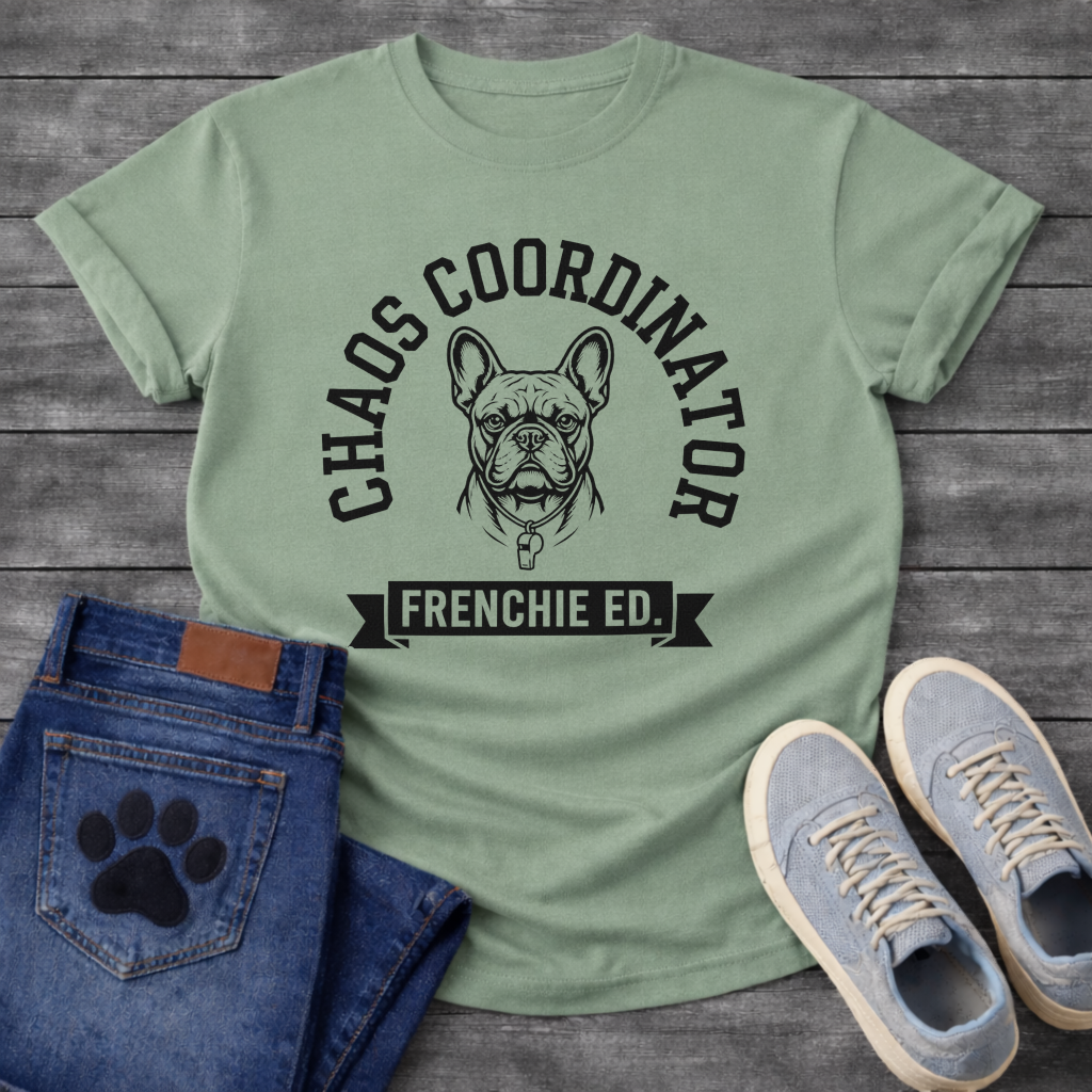Chaos Coordinator Frenchie Edition French Bulldog graphic t-shirt black text on sand