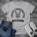 Chaos Coordinator Frenchie Edition French Bulldog graphic t-shirt black text on sand