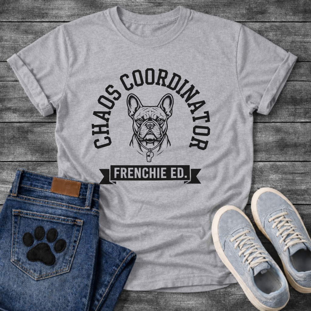 Chaos Coordinator Frenchie Edition French Bulldog graphic t-shirt black text on sand