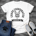 Chaos Coordinator Frenchie Edition French Bulldog graphic t-shirt black text on sand