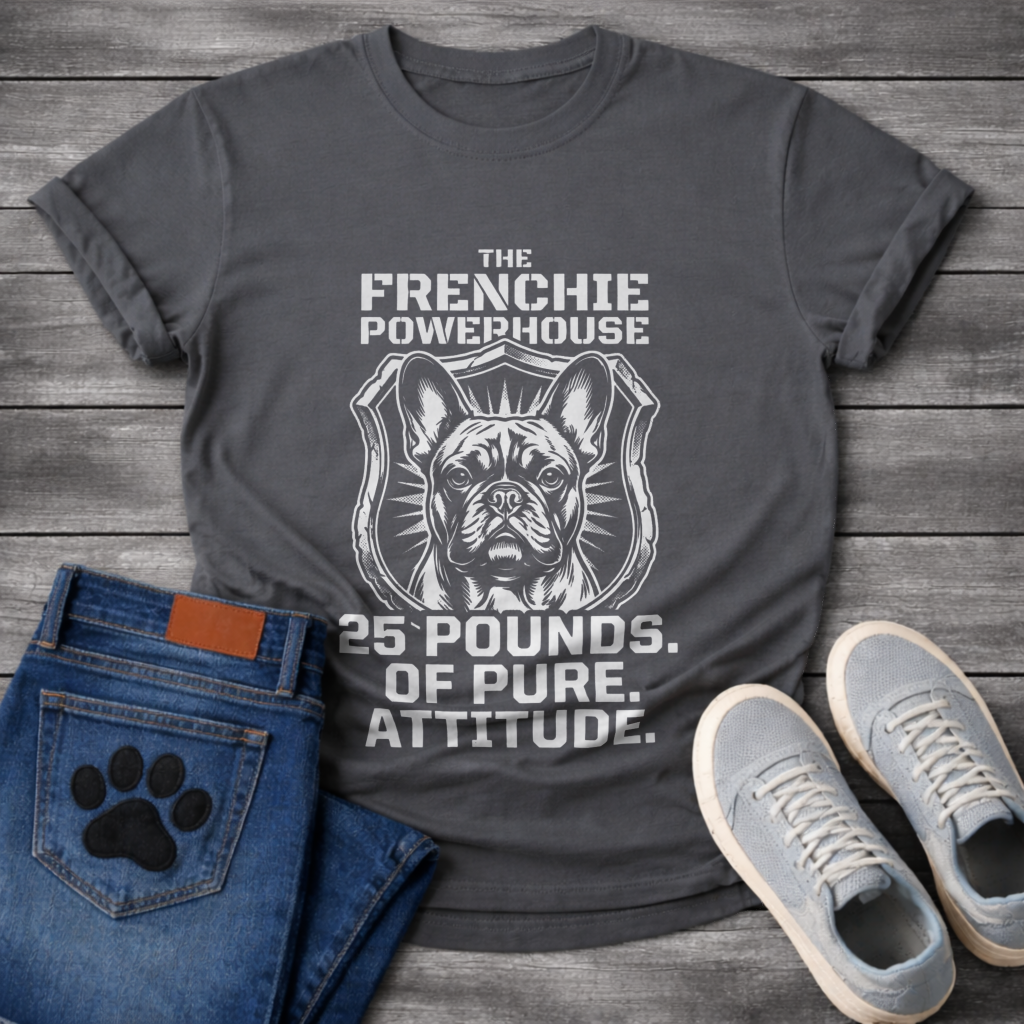 Frenchie Powerhouse 25 pounds pure attitude dark heather funny dog shirt French Bulldog