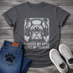 French Bulldog gaming headphones stamp print graphic tee, white ink linocut illustration