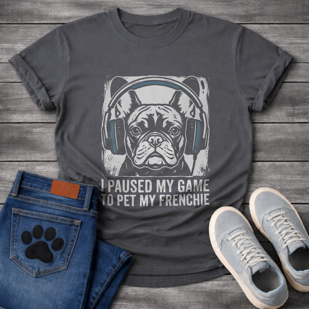 French Bulldog gaming headphones stamp print graphic tee, white ink linocut illustration