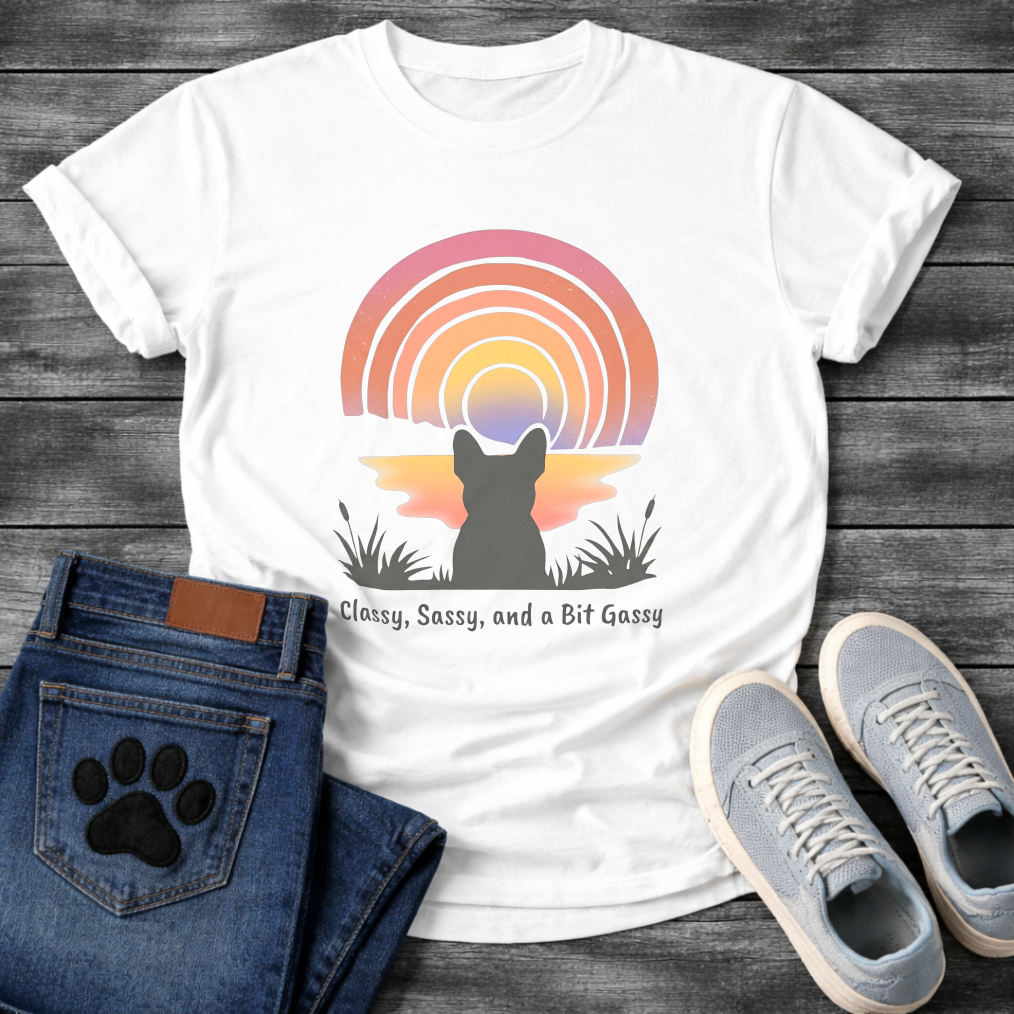 French Bulldog silhouette from behind facing a rainbow sunset with Classy Sassy and a Bit Gassy typography graphic tee
