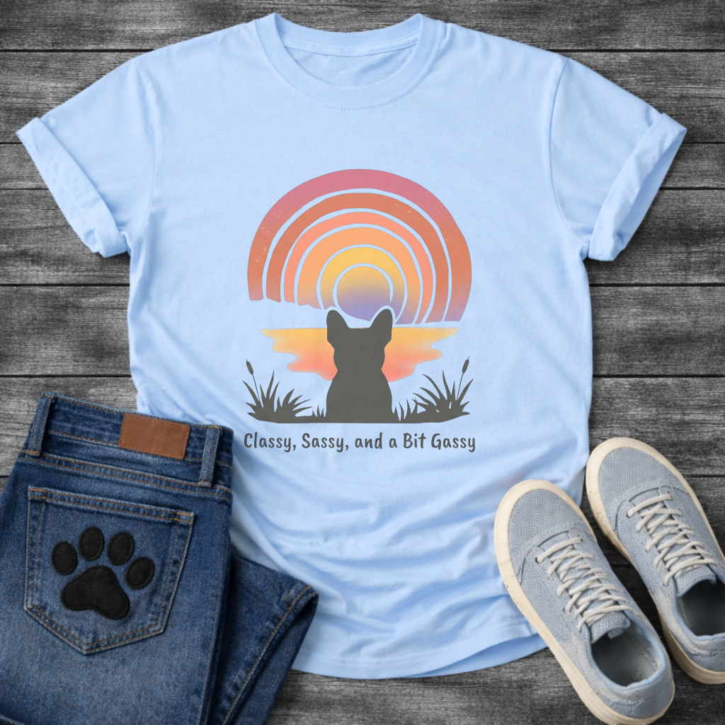 French Bulldog silhouette from behind facing a rainbow sunset with Classy Sassy and a Bit Gassy typography graphic tee
