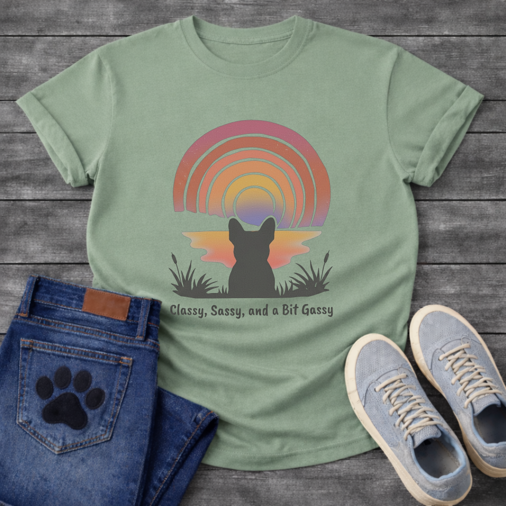 French Bulldog silhouette from behind facing a rainbow sunset with Classy Sassy and a Bit Gassy typography graphic tee
