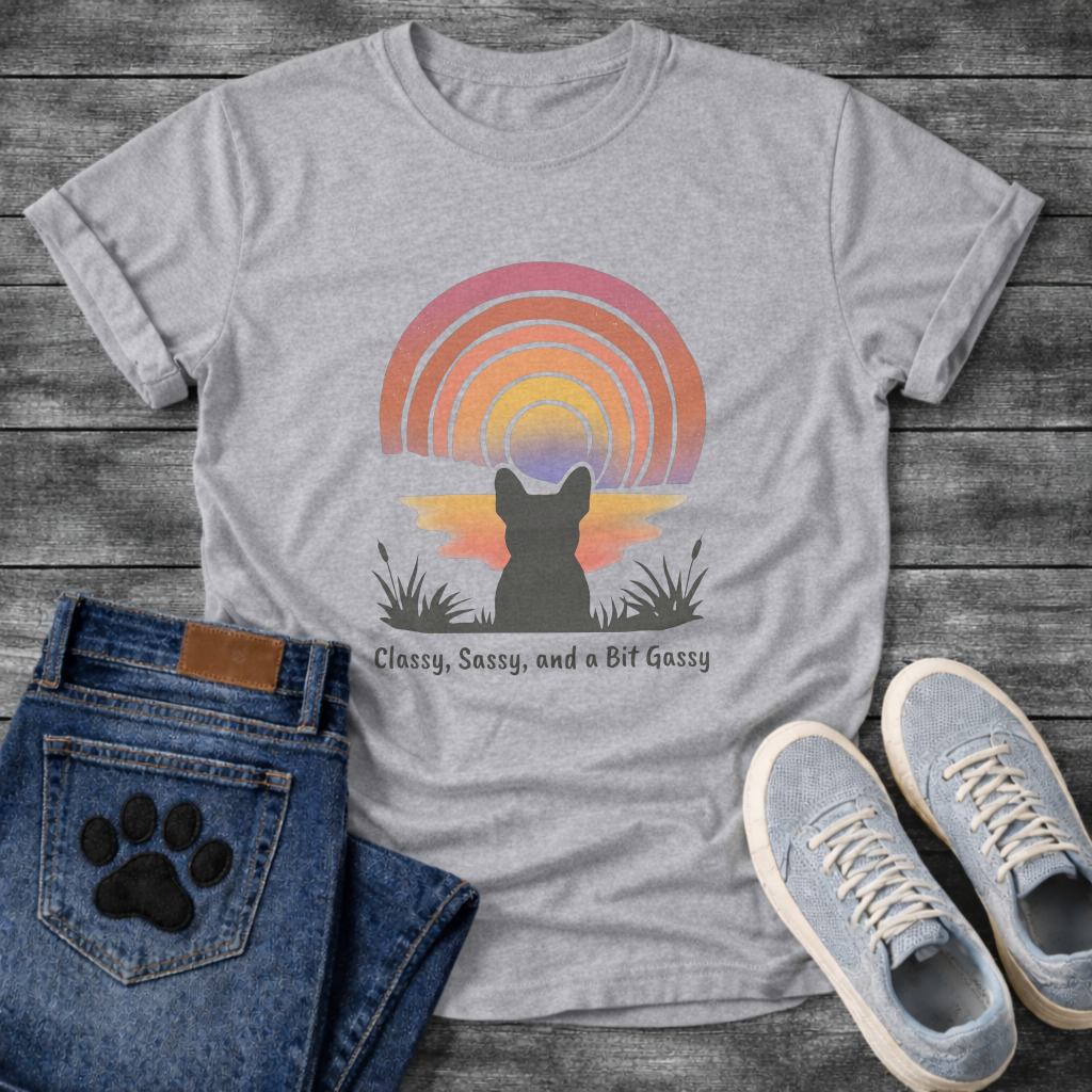 French Bulldog silhouette from behind facing a rainbow sunset with Classy Sassy and a Bit Gassy typography graphic tee
