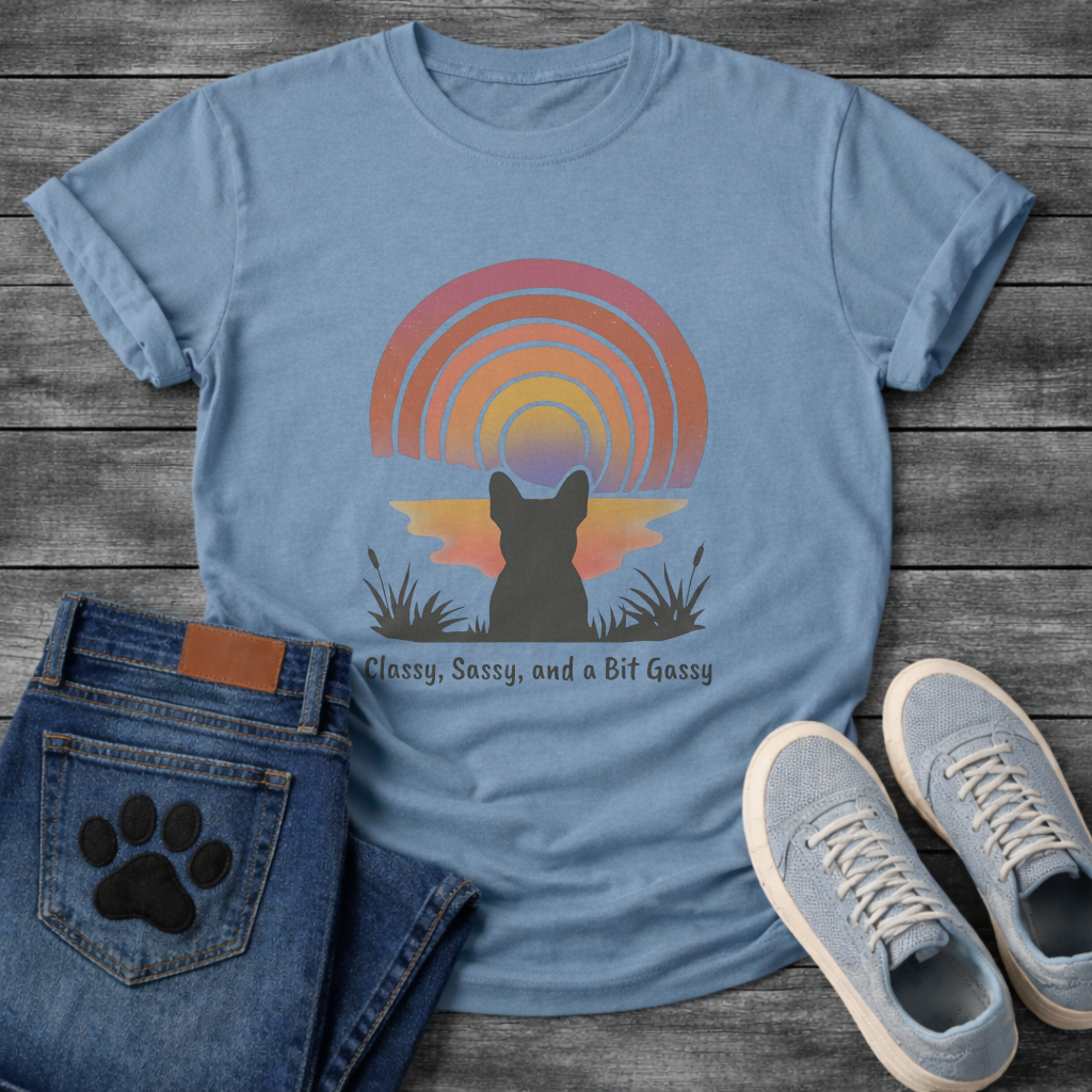 French Bulldog silhouette from behind facing a rainbow sunset with Classy Sassy and a Bit Gassy typography graphic tee
