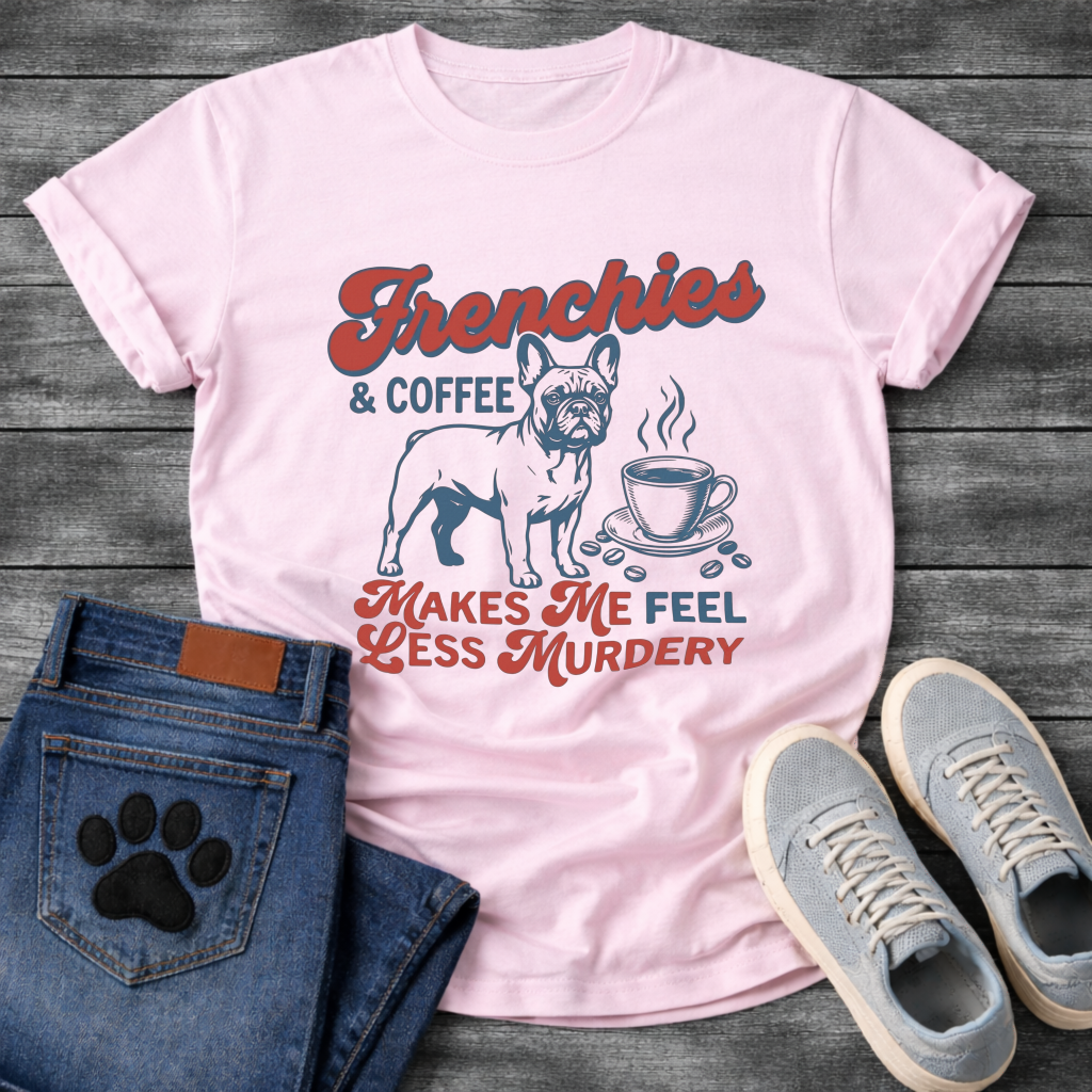 Frenchies and Coffee Makes Me Feel Less Murdery retro typography French Bulldog and coffee cup graphic tee