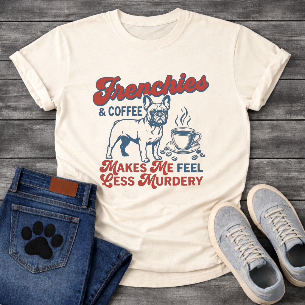 Frenchies and Coffee Makes Me Feel Less Murdery retro typography French Bulldog and coffee cup graphic tee