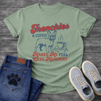 Frenchies and Coffee Makes Me Feel Less Murdery retro typography French Bulldog and coffee cup graphic tee
