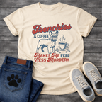 Frenchies and Coffee Makes Me Feel Less Murdery retro typography French Bulldog and coffee cup graphic tee