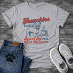 Frenchies and Coffee Makes Me Feel Less Murdery retro typography French Bulldog and coffee cup graphic tee