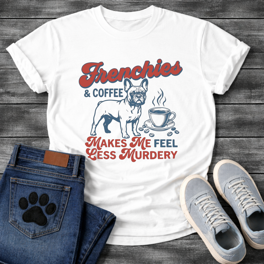 Frenchies and Coffee Makes Me Feel Less Murdery retro typography French Bulldog and coffee cup graphic tee