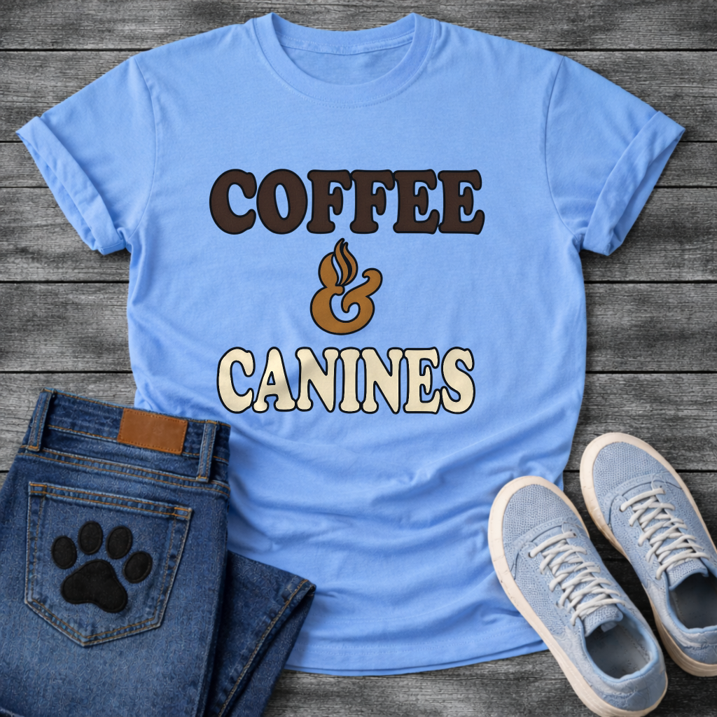 Funny coffee and canines dog shirt for caffeine loving pet parents