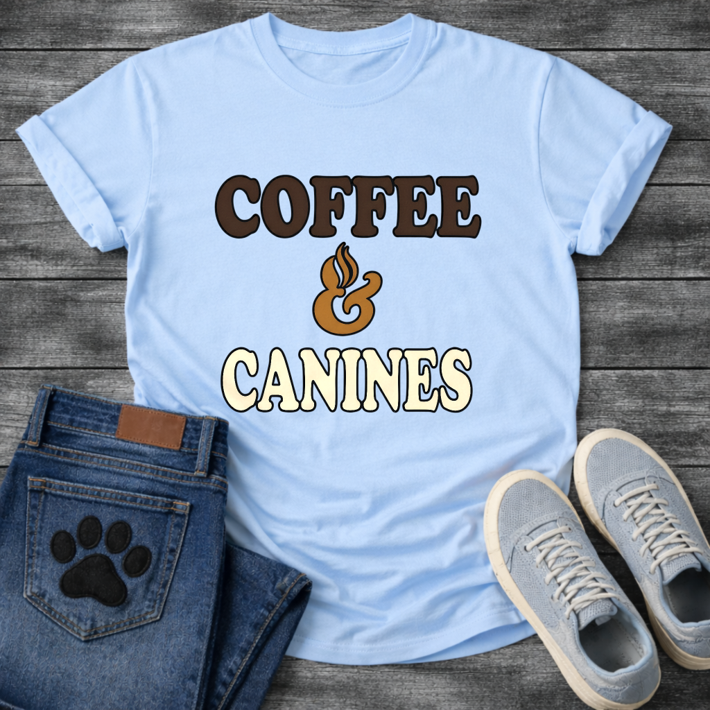 Funny coffee and canines dog shirt for caffeine loving pet parents