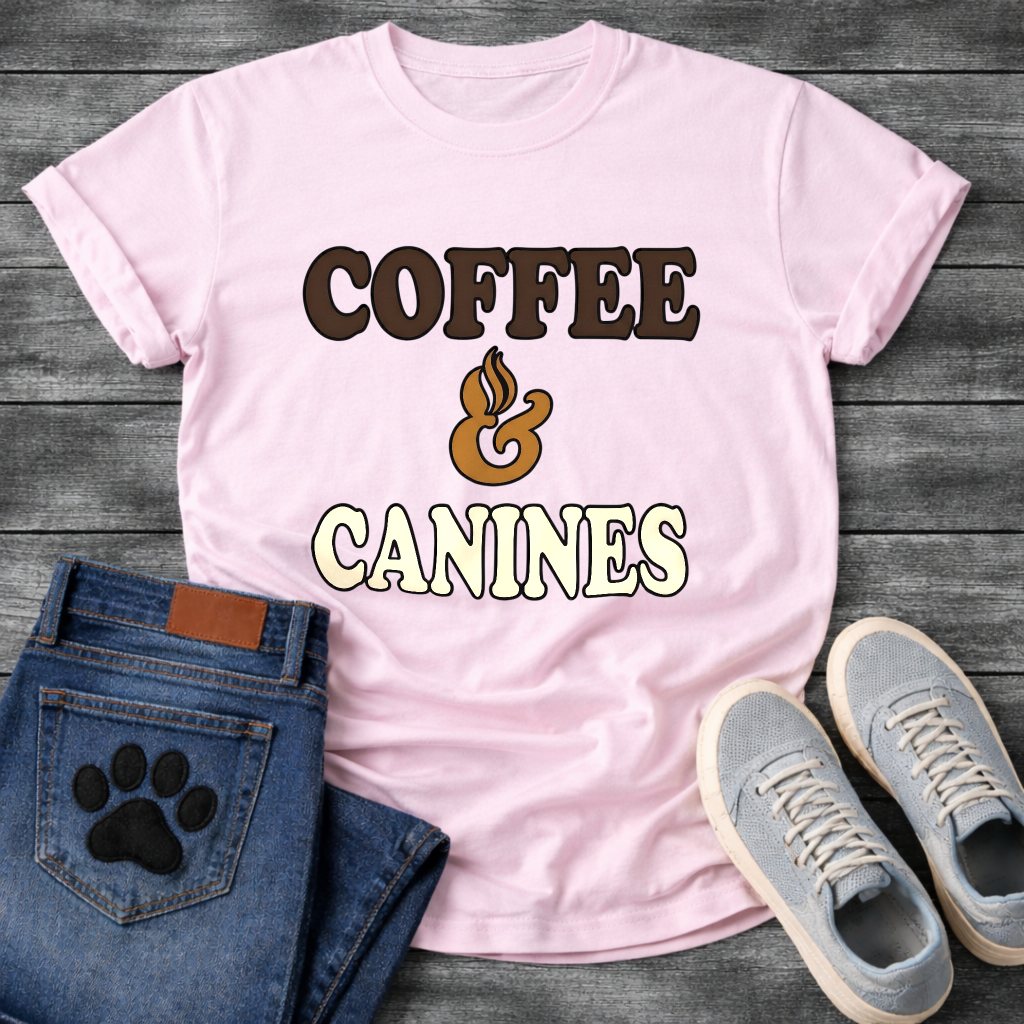 Funny coffee and canines dog shirt for caffeine loving pet parents