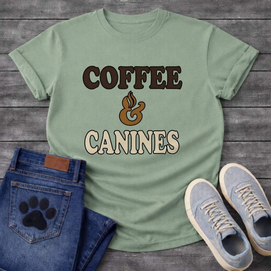 Funny coffee and canines dog shirt for caffeine loving pet parents