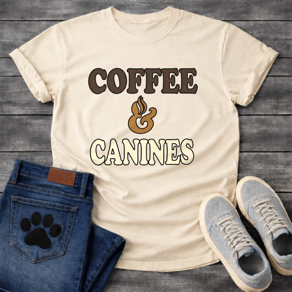 Funny coffee and canines dog shirt for caffeine loving pet parents