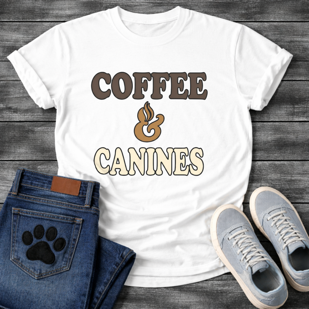 Funny coffee and canines dog shirt for caffeine loving pet parents