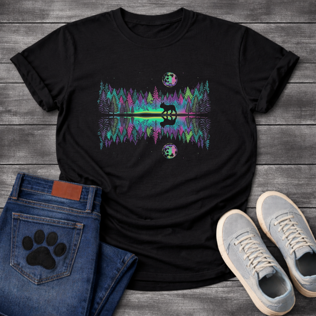 French Bulldog aurora borealis forest lake reflection graphic dog shirt unisex tee