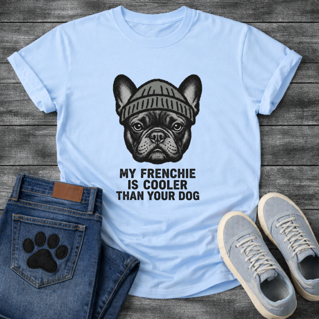 French Bulldog wearing a beanie hat with My Frenchie Is Cooler Than Your Dog typography graphic tee