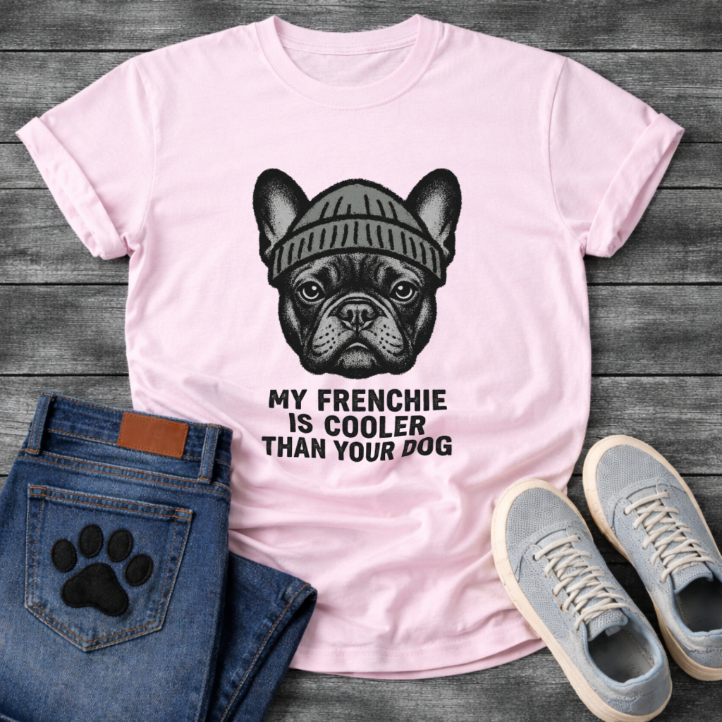French Bulldog wearing a beanie hat with My Frenchie Is Cooler Than Your Dog typography graphic tee