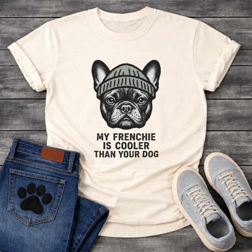 French Bulldog wearing a beanie hat with My Frenchie Is Cooler Than Your Dog typography graphic tee