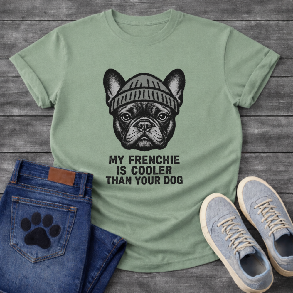 French Bulldog wearing a beanie hat with My Frenchie Is Cooler Than Your Dog typography graphic tee