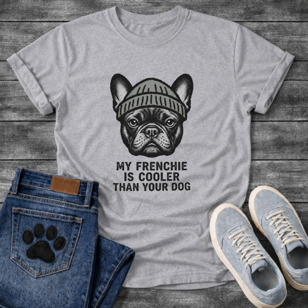 French Bulldog wearing a beanie hat with My Frenchie Is Cooler Than Your Dog typography graphic tee