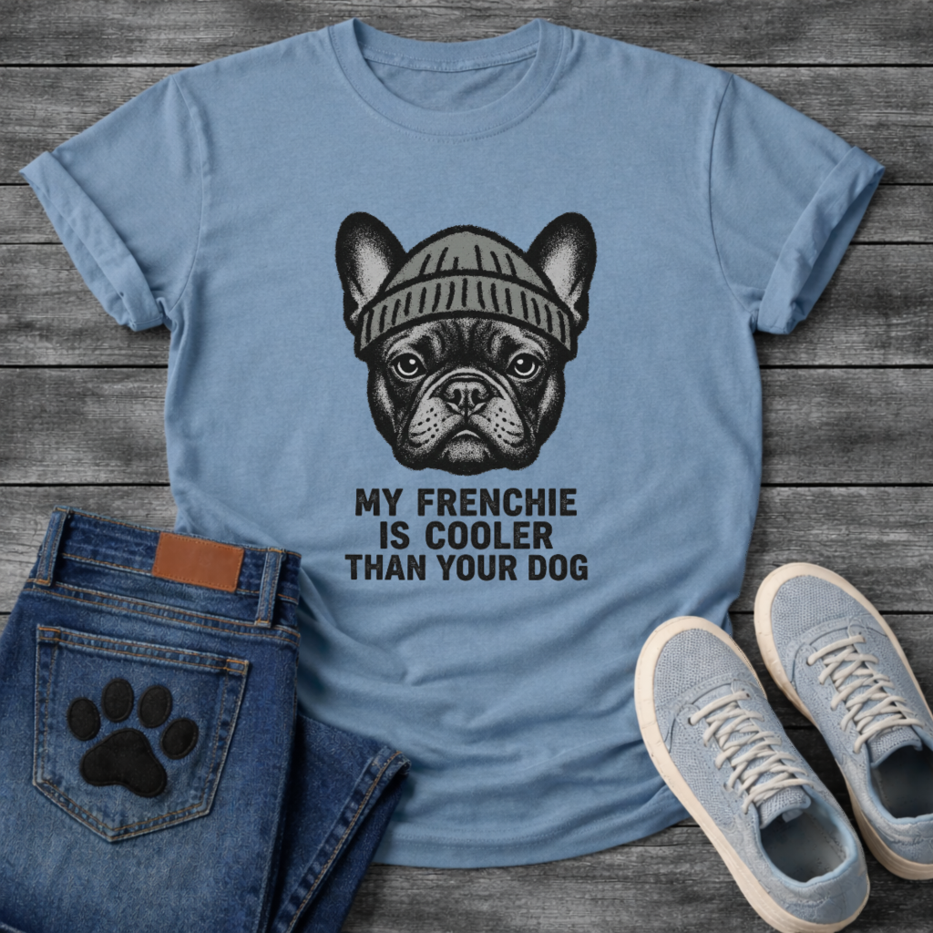French Bulldog wearing a beanie hat with My Frenchie Is Cooler Than Your Dog typography graphic tee