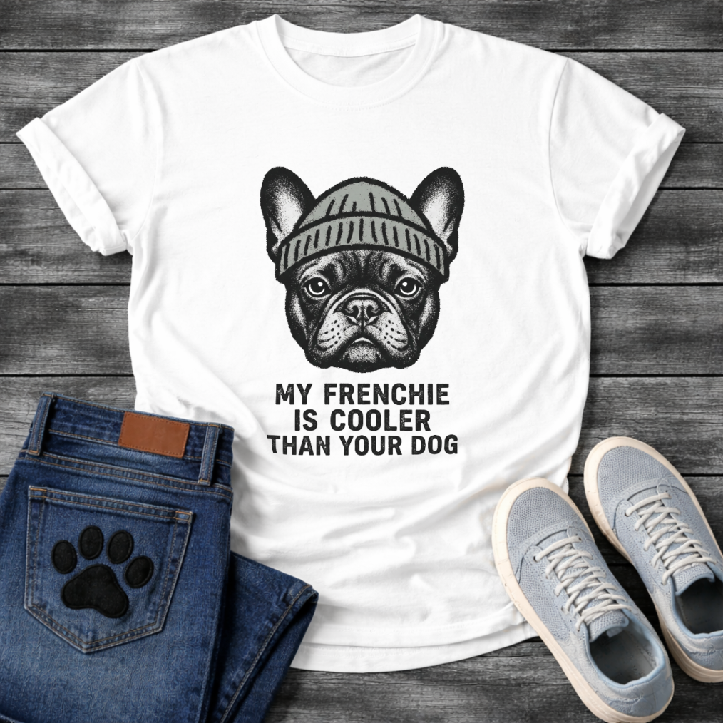 French Bulldog wearing a beanie hat with My Frenchie Is Cooler Than Your Dog typography graphic tee