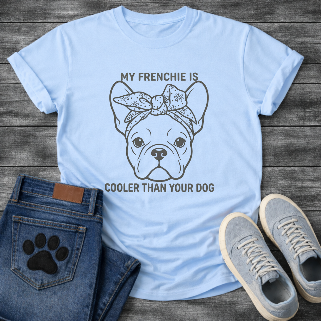 French Bulldog face with floral bandana bow My Frenchie Is Cooler Than Your Dog typography graphic tee