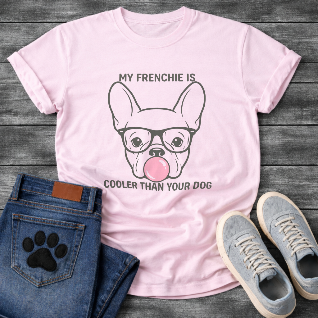French Bulldog face with glasses and bubble gum My Frenchie Is Cooler Than Your Dog typography graphic tee