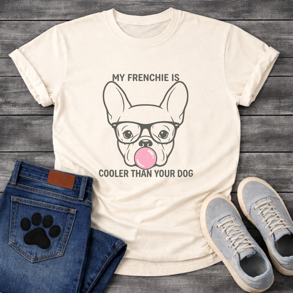 French Bulldog face with glasses and bubble gum My Frenchie Is Cooler Than Your Dog typography graphic tee